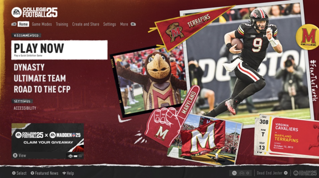 Screenshot of the EA Sports College Football 25 game menu featuring the University of Maryland Terrapins. The background showcases a Maryland Terrapins player in action, along with a mascot, team pennant, and memorabilia. Get the ultimate EA Sports College Football 2025 Recruiting Guide now. #FearTheTurtle.